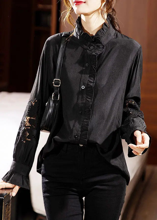 Chic Black Ruffled Lace Patchwork Hollow Out Shirts Long Sleeve Ada Fashion