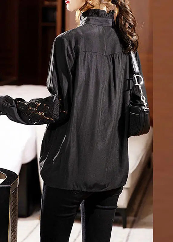 Chic Black Ruffled Lace Patchwork Hollow Out Shirts Long Sleeve Ada Fashion