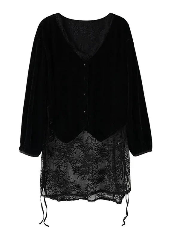 Chic Black V Neck Lace Patchwork Silk Velour Top Long Sleeve Ada Fashion