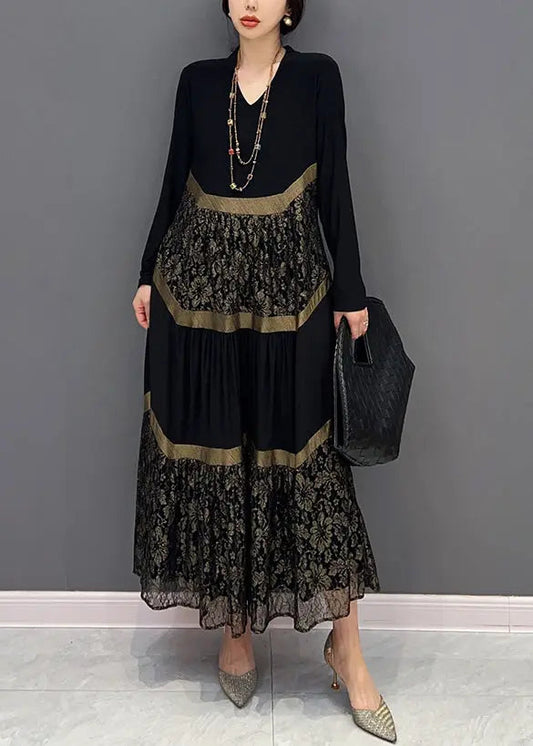 Chic Black V Neck Print Tulle Patchwork Cotton Dresses Fall Ada Fashion