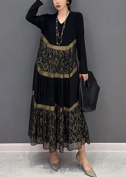 Chic Black V Neck Print Tulle Patchwork Cotton Dresses Fall Ada Fashion