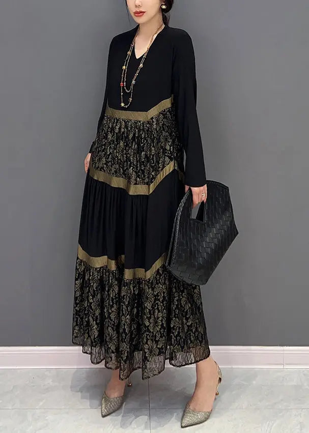 Chic Black V Neck Print Tulle Patchwork Cotton Dresses Fall Ada Fashion