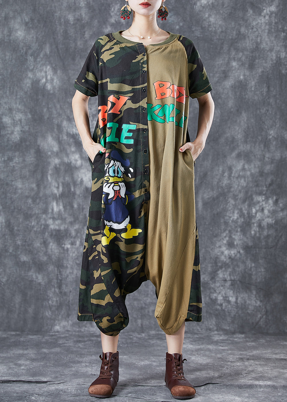 Chic Camouflage Oversized Patchwork Appliques Cotton Jumpsuits Summer LY5691
