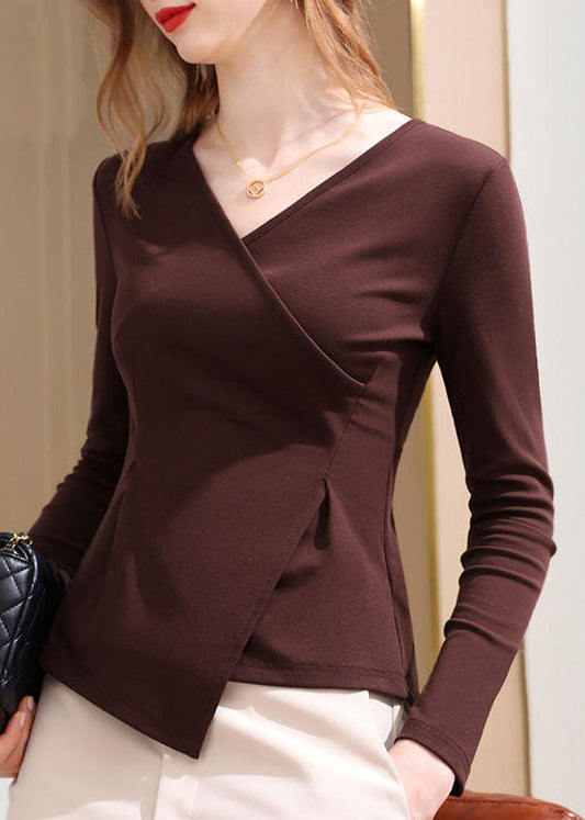Chic Coffee V Neck Asymmetrical Patchwork Cotton Tops Spring LY4669