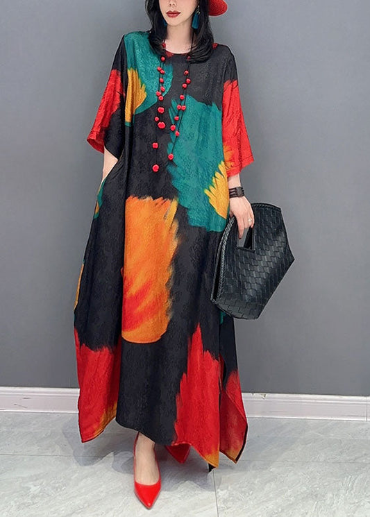 Chic Colorblock O Neck Print Patchwork Cotton Maxi Dress Spring AH495