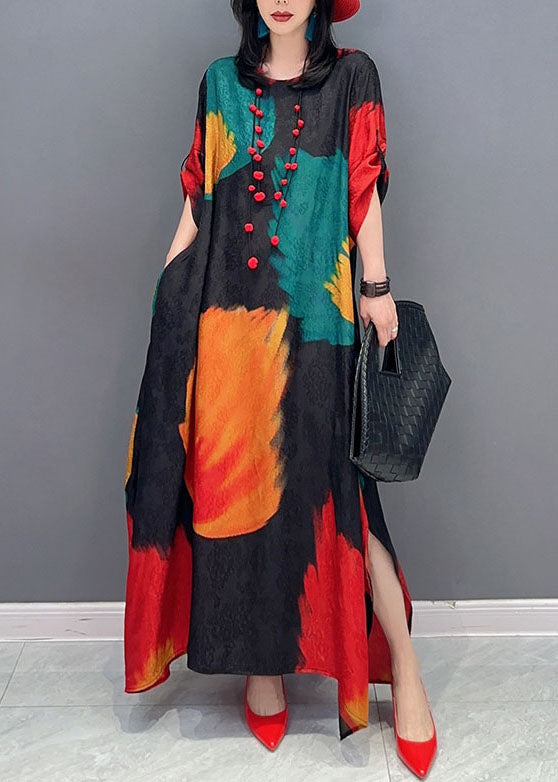 Chic Colorblock O Neck Print Patchwork Cotton Maxi Dress Spring AH495