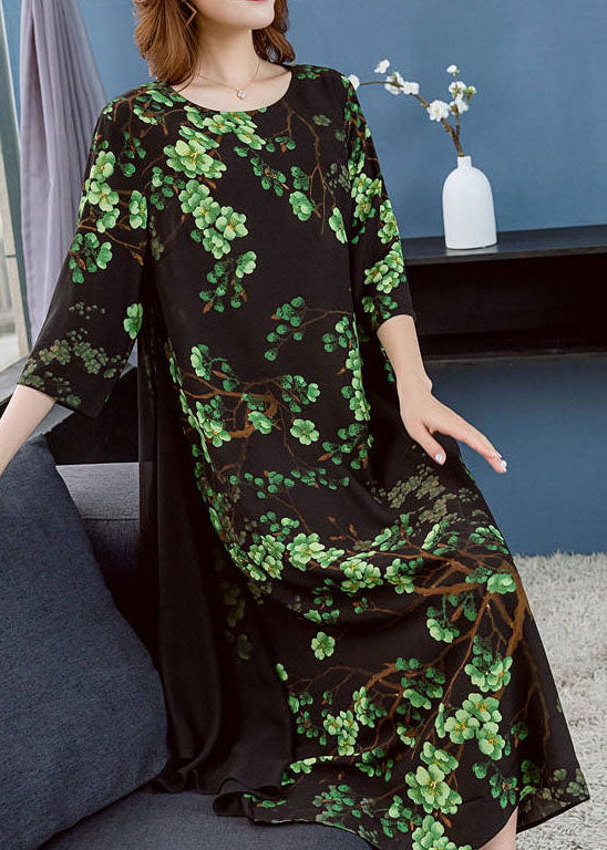 Chic Green O Neck Print Patchwork Chiffon Dresses Summer Ada Fashion