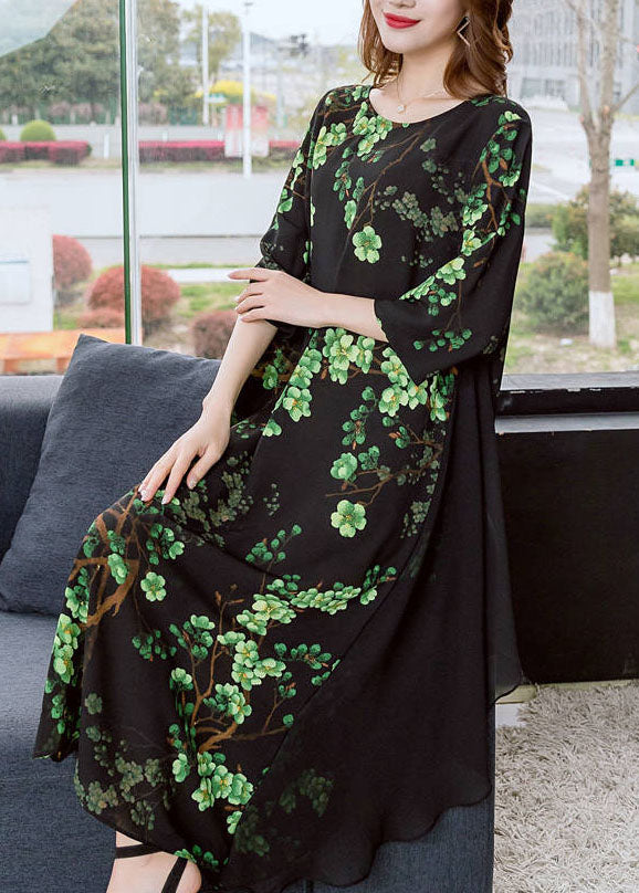 Chic Green O Neck Print Patchwork Chiffon Dresses Summer Ada Fashion