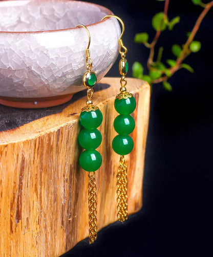 Chic Green Sterling Silver Overgild 14K Gold Jade Tassel Drop Earrings Ada Fashion