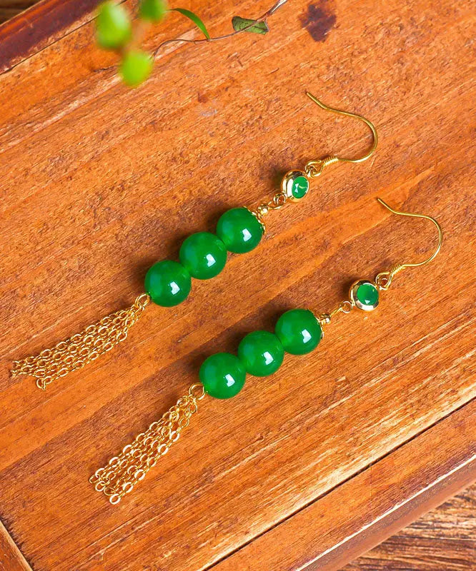 Chic Green Sterling Silver Overgild 14K Gold Jade Tassel Drop Earrings Ada Fashion