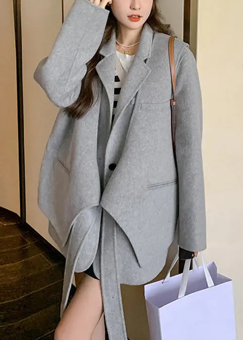 Chic Grey Button Pockets Patchwork Woolen Two Pieces Set Fall Ada Fashion