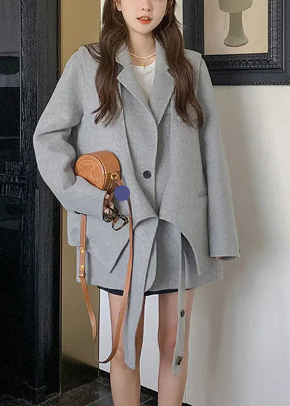 Chic Grey Button Pockets Patchwork Woolen Two Pieces Set Fall Ada Fashion