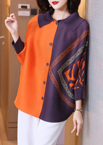 Chic Orange Peter Pan Collar Print Button Shirt Long Sleeve Ada Fashion