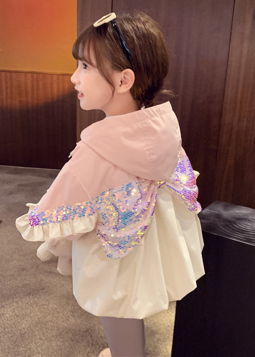 Chic Pink Hooded Sequins Ruffled Cotton Girls Coat Fall Ada Fashion