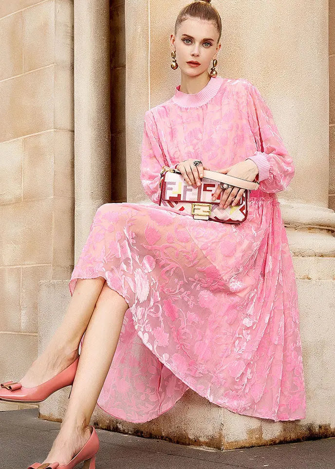 Chic Pink O-Neck Embroidered Patchwork Wrinkled Silk Velour Long Dresses Long Sleeve Ada Fashion