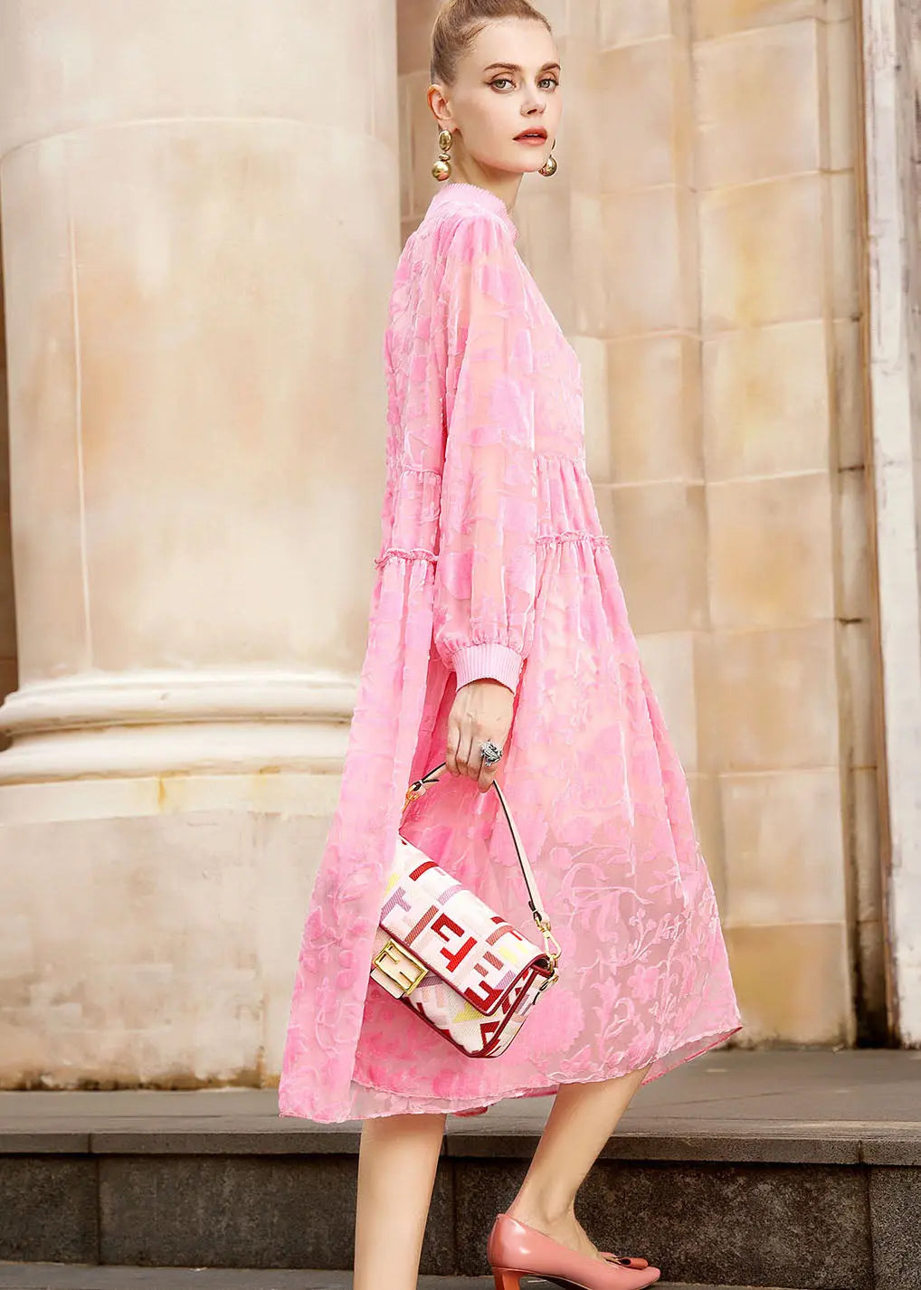 Chic Pink O-Neck Embroidered Patchwork Wrinkled Silk Velour Long Dresses Long Sleeve Ada Fashion