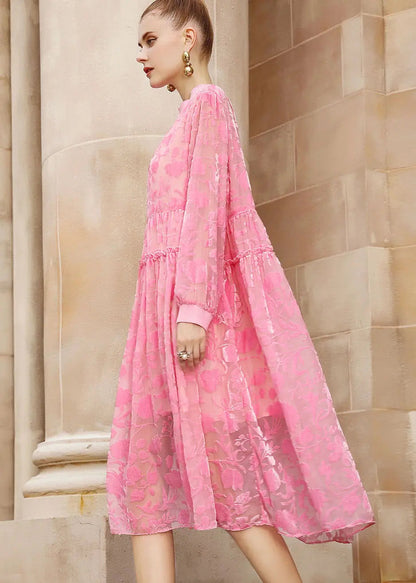 Chic Pink O-Neck Embroidered Patchwork Wrinkled Silk Velour Long Dresses Long Sleeve Ada Fashion