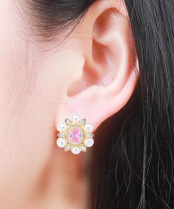 Chic Pink Sterling Silver Crystal Pearl Zircon Stud Earrings Ada Fashion