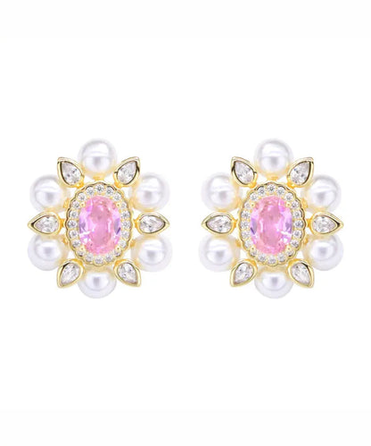 Chic Pink Sterling Silver Crystal Pearl Zircon Stud Earrings Ada Fashion