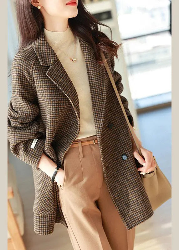 Chic Plaid Notched Pockets Wooled Blend Coats Long Sleeve Ada Fashion