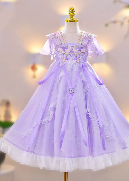 Robe longue d'été chic en tulle avec broderies violettes et pompons en dentelle