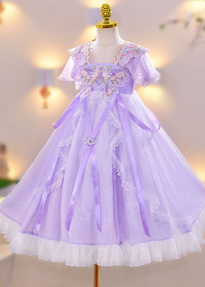 Robe longue d'été chic en tulle avec broderies violettes et pompons en dentelle