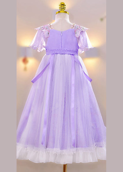 Robe longue d'été chic en tulle avec broderies violettes et pompons en dentelle