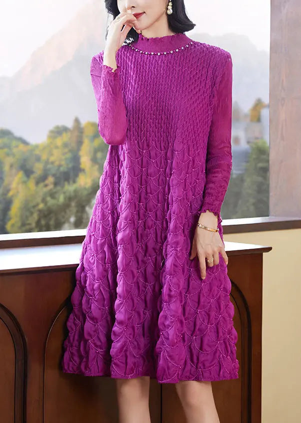 Chic Purple Stand Collar Zircon Wrinkled Mid Dresses Fall Ada Fashion