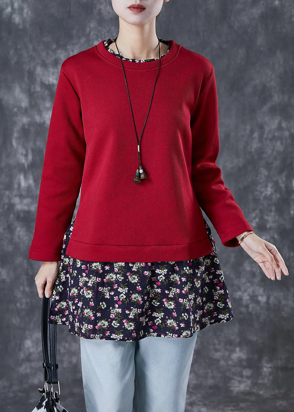 Chic Red Print Patchwork Warm Fleece Blouses Winter Ada Fashion