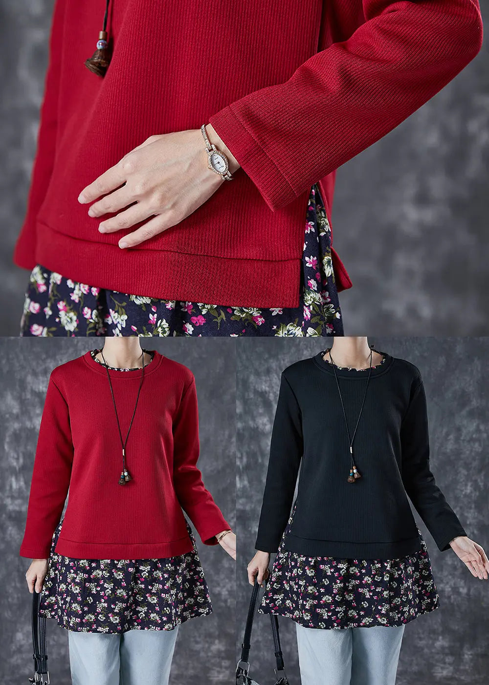 Chic Red Print Patchwork Warm Fleece Blouses Winter Ada Fashion