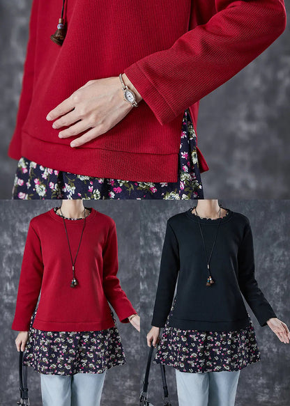 Chic Red Print Patchwork Warm Fleece Blouses Winter Ada Fashion