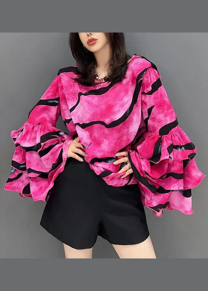 Chic Rose O Neck Striped Patchwork Chiffon Top Petal Sleeve Ada Fashion