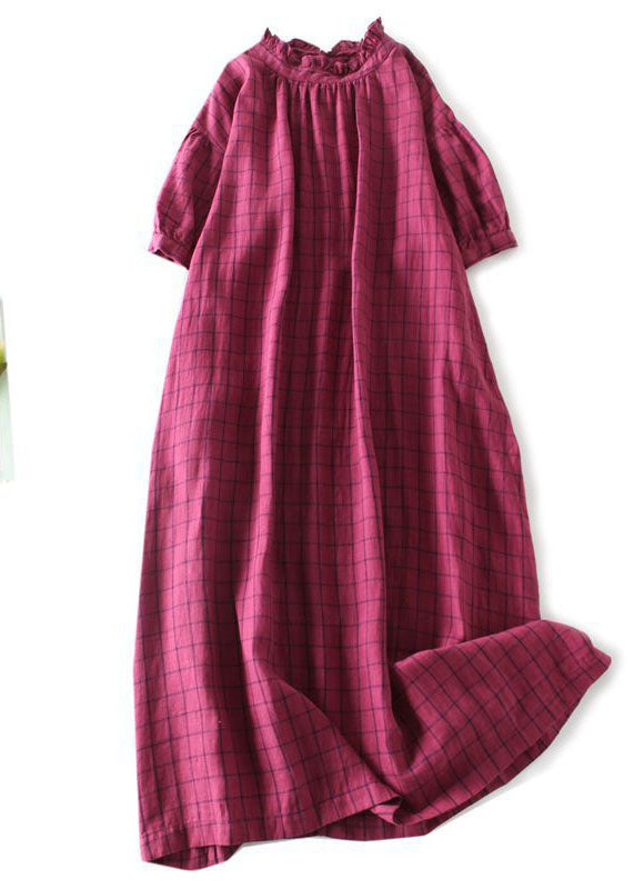 Chic Rose Plaid Ruffled Pockets Patchwork Linen Dresses Summer Ada Fashion