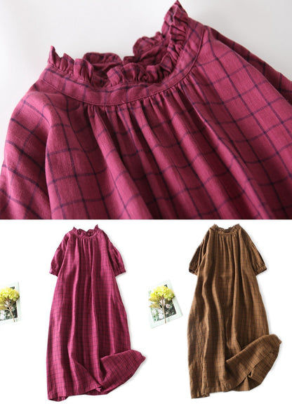 Chic Rose Plaid Ruffled Pockets Patchwork Linen Dresses Summer Ada Fashion