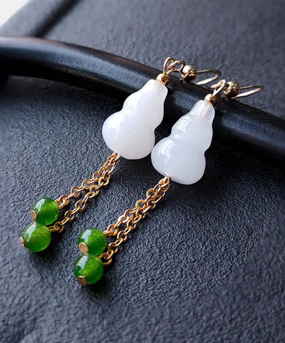 Chic White 14K Gold Jade Gourd Gem Stone Tassel Drop Earrings Ada Fashion