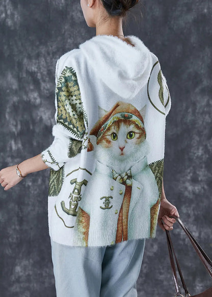 Chic White Hooded Cat Print Mink Hair Knitted Sweaters Winter Ada Fashion