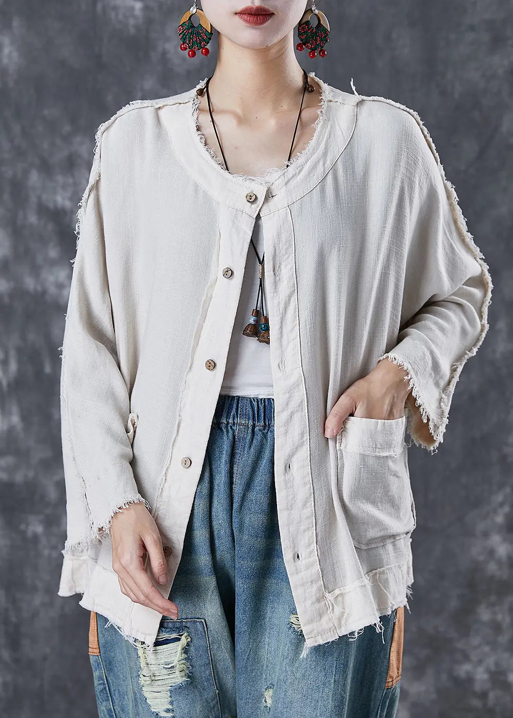 Chic White Oversized Pockets Linen Jacket Fall Ada Fashion