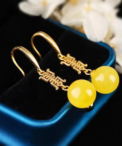 Chic Yellow Sterling Silver Overgild Inlaid Spheroidal Beeswax Drop Earrings Ada Fashion