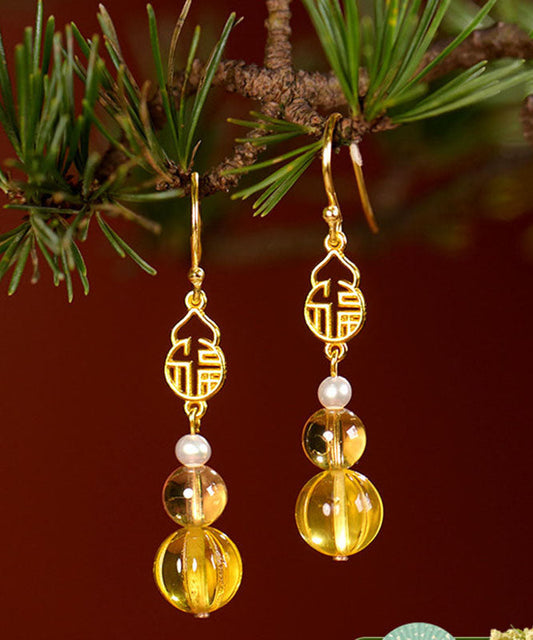 Chic Yellow Sterling Silver Overgild Pearl Crystal Amber Graphic Drop Earrings Ada Fashion