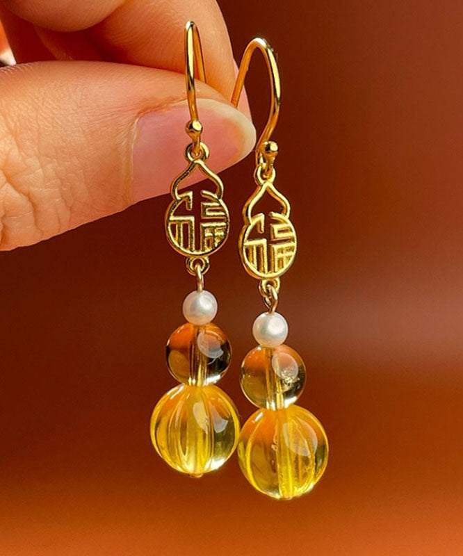 Chic Yellow Sterling Silver Overgild Pearl Crystal Amber Graphic Drop Earrings Ada Fashion