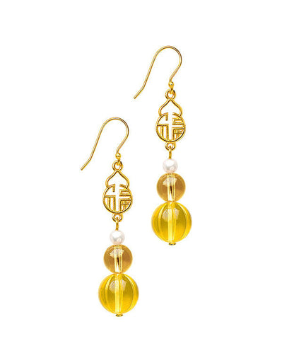 Chic Yellow Sterling Silver Overgild Pearl Crystal Amber Graphic Drop Earrings Ada Fashion