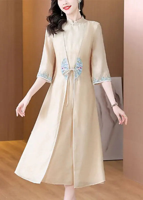 Chinese Style Apricot Stand Collar Embroidered Patchwork Tie Waist Silk Maxi Dress Long Sleeve Ada Fashion