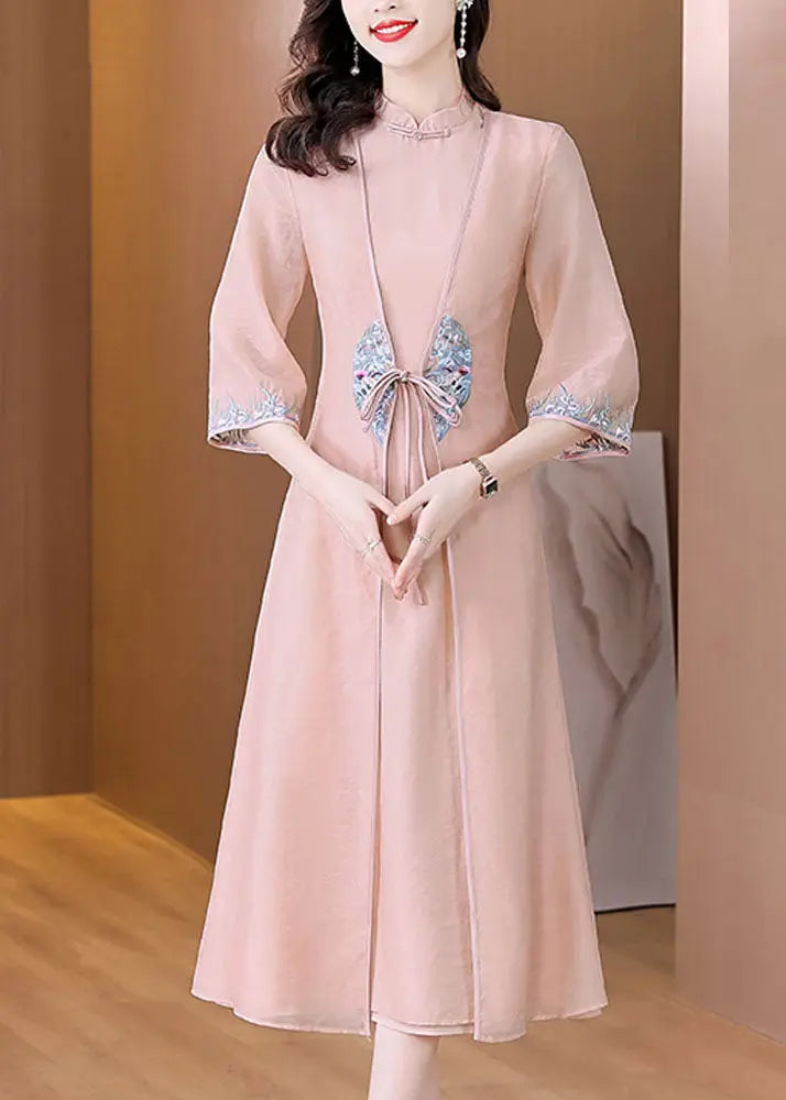 Chinese Style Apricot Stand Collar Embroidered Patchwork Tie Waist Silk Maxi Dress Long Sleeve Ada Fashion