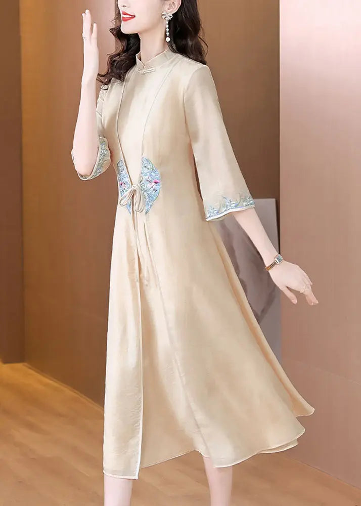 Chinese Style Apricot Stand Collar Embroidered Patchwork Tie Waist Silk Maxi Dress Long Sleeve Ada Fashion