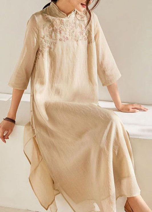 Chinese Style Apricot Stand Collar Embroideried Patchwork Silk Dress Summer LY4600