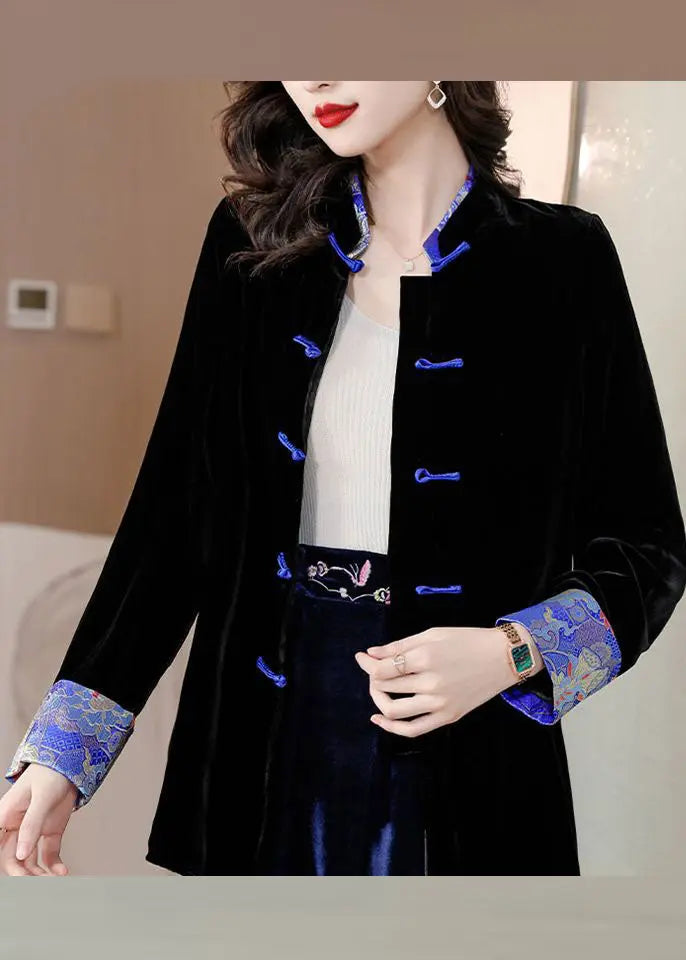 Chinese Style Black Print Button Silk Velour Coats Long Sleeve Ada Fashion