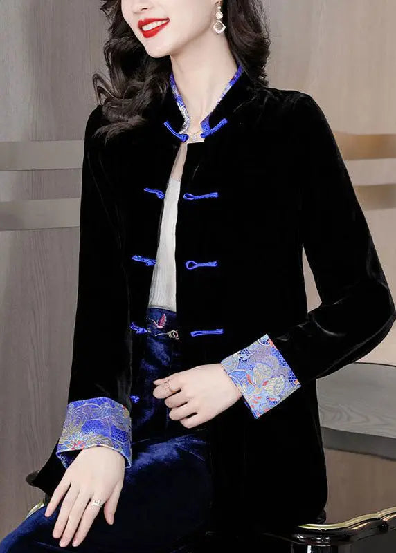 Chinese Style Black Print Button Silk Velour Coats Long Sleeve Ada Fashion