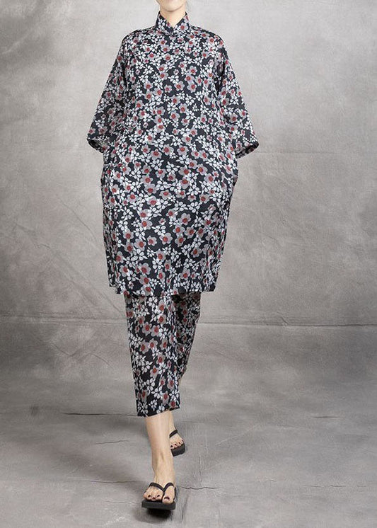 Chinese Style Black Print Tops And Pants Linen Two Pieces Set Summer LY4577