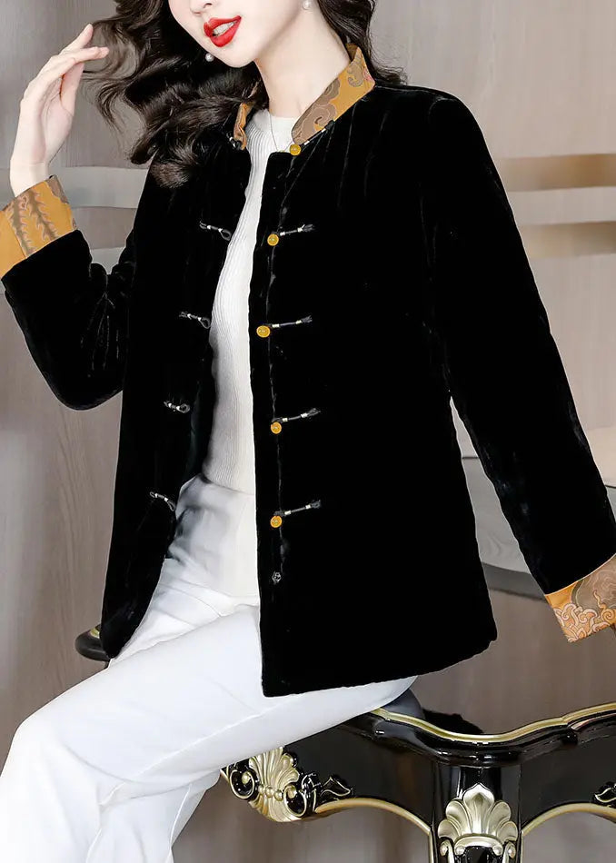 Chinese Style Black Stand Collar Button Silk Velour Parka Coats Winter Ada Fashion