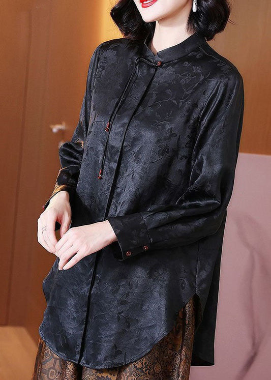 Chinese Style Black Tasseled Jacquard Patchwork Silk Blouses Long Sleeve LY4418
